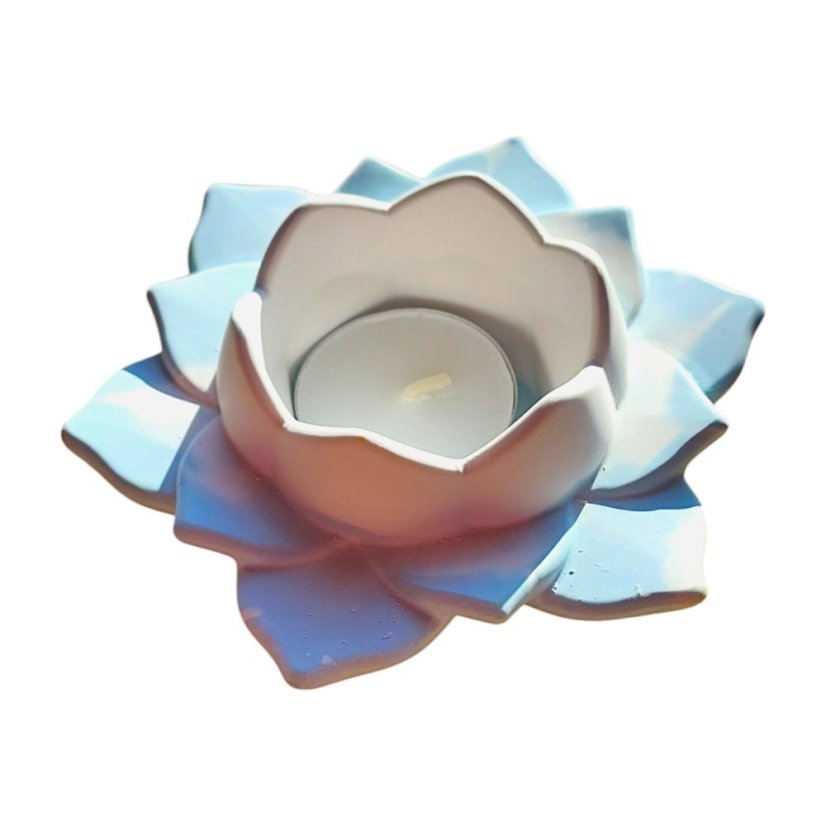 Svícen na čajovou svíčku Lotus 5. čakra světle modrá